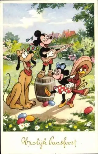 Ak Glückwunsch Ostern, Ostereier, Mickey Mouse, Minnie, Pluto, Walt Disney