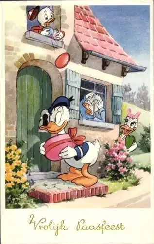 Ak Glückwunsch Ostern, Ostereier, Donald Duck, Daisy, Neffen, Walt Disney