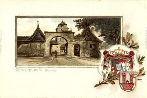 Präge Wappen Passepartout Litho Rothenburg ob der Tauber Mittelfranken, Rödertor