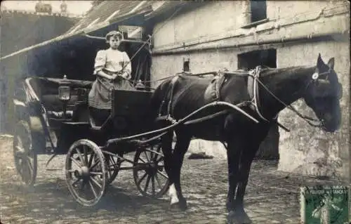 Foto Ak Frau in der Kutsche, Kutscherin, Pferd