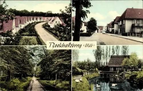 Ak Bookholzberg Ganderkesee in Niedersachsen, Straßenpartie, Wald, Mühle mit Teich