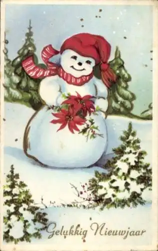 Ak Glückwunsch Neujahr, Schneemann mit Mütze und Schal, Weihnachtsstern-Blüten