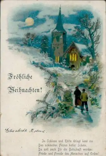 Glitzer Mondschein Litho Glückwunsch Weihnachten, Kinder, Kirche