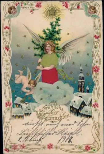 Präge Stoff Litho Glückwunsch Weihnachten, Engel, Tannenbaum