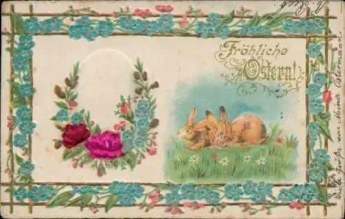 Präge Stoff Ak Glückwunsch Ostern, Osterhasen, Blumen, Vergissmeinnicht