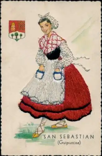 Seidenstick Ak Donostia San Sebastian Baskenland, Frau in Volkstracht, Wappen