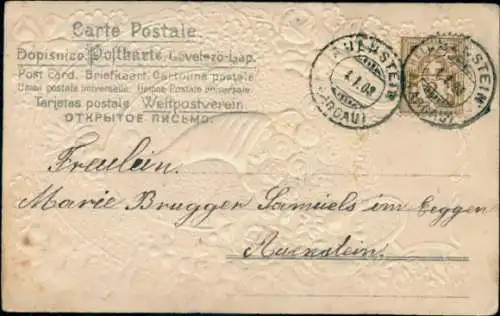 Präge Stoff Ak Glückwunsch Neujahr, Blumen, Vergissmeinnicht, Glücksklee