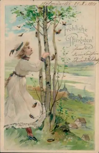 Glitzer Litho Glückwunsch Pfingsten, Mädchen, Birke, Maikäfer