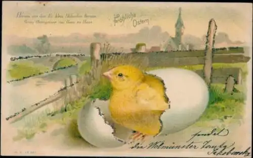 Glitzer Litho Glückwunsch Ostern, Küken, Eierschalen