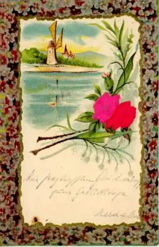 Präge Stoff Litho Windmühle, Blumen, Rosen