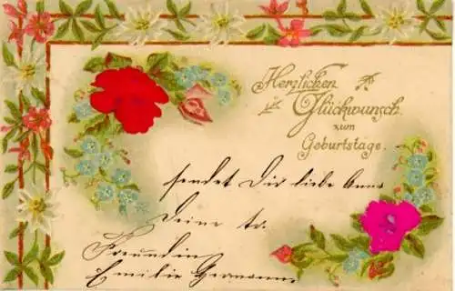 Präge Stoff Litho Glückwunsch Geburtstag, Blumen, Vergissmeinnicht, Rosen