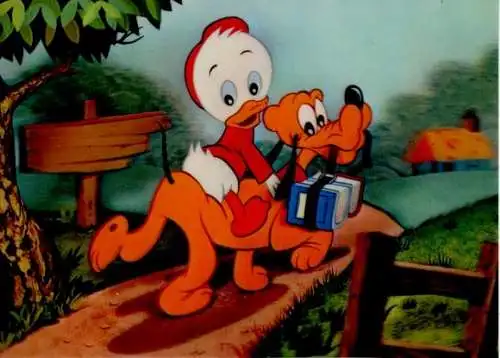 3-D Ak Walt Disney, Comic, Pluto, Tick auf dem Schulweg