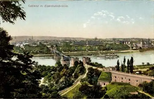 Ak Koblenz am Rhein, Teilansicht, Eisenbahnbrücke, Dampfschiff