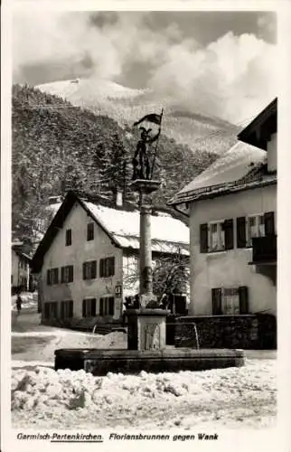 Ak Garmisch Partenkirchen in Oberbayern, Floriansbrunnen, Wank, Winter