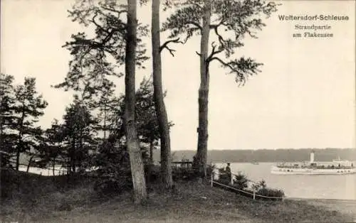 Ak Woltersdorf bei Berlin, Woltersdorfer Schleuse, Strandpartie, Flakensee, Schiff