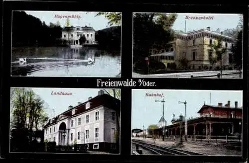 Ak Bad Freienwalde an der Oder, Bahnhof, Gleisansicht, Papenmühle, Brunnenhotel, Landhaus