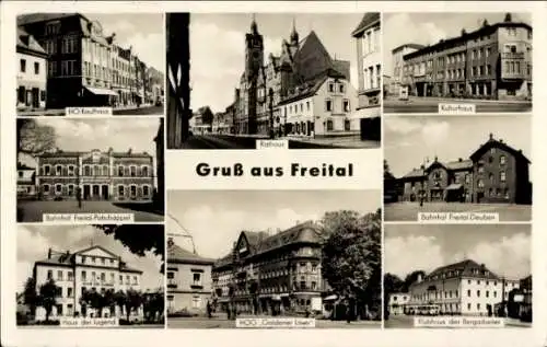 Ak Freital in Sachsen, HO Kaufhaus, Rathaus, Kulturhaus, HOG Goldener Löwe, Haus der Jugend