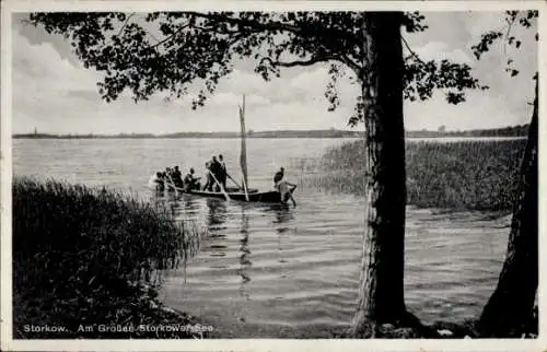 Ak Storkow in der Mark, großer Storkower See, Ruderboot, Panorama