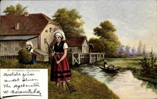 Künstler Ak Straupitz im Kreis Dahme Spreewald, Buschmühle, Tracht, Boot