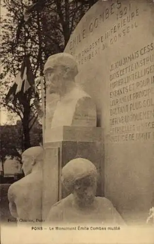 Ak Pons Charente-Maritime, Emile-Combes-Denkmal verstümmelt