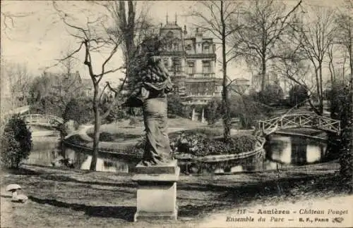 Ak Asnières sur Seine Hauts-de-Seine, Chateau Pouget, Park, Statue