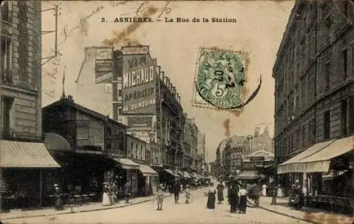 Ak Asnières sur Seine Hauts-de-Seine, Rue de la Station, Werbetafel Vin Michaud, Geschäfte