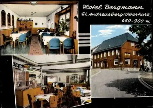 Ak Sankt Andreasberg Braunlage im Oberharz, Hotel Bergmann, Außenansicht, Bar, Speiseraum