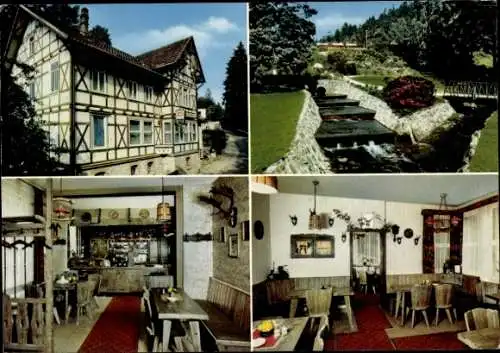 Ak Bad Sachsa im Harz, Hotel Hubertus, Harzer Bier- und Weinstuben, Fachwerkhaus, Bach, Innenräume