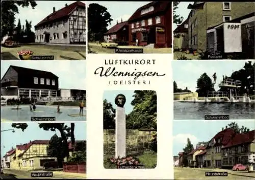 Ak Wennigsen am Deister, Schwimmbad, Hauptstraße, Postamt, Kreissparkasse, Lutherdenkmal