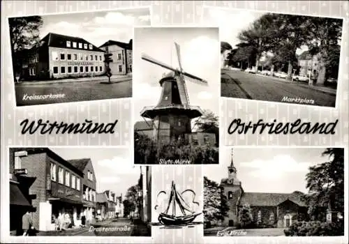 Ak Wittmund in Ostfriesland, Kreissparkasse, Marktplatz, Drostenstraße, Kirche, Mühle