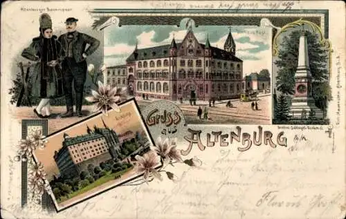 Litho Altenburg in Thüringen, neue Post, Bauerntracht, Schloss, Denkmal