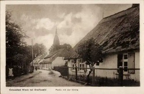 Ak Wieck Eldena Greifswald, Straßenpartie, Kirche