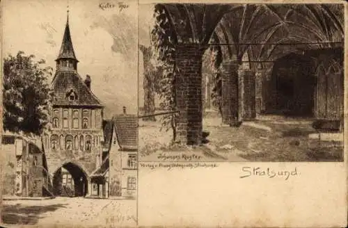 Künstler Ak Stralsund in Vorpommern, Johannes-Kloster, Kütertor