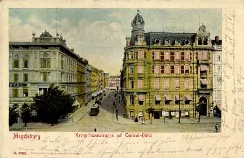 Ak Magdeburg an der Elbe, Kronprinzenstraße, Central-Hotel, Straßenbahn