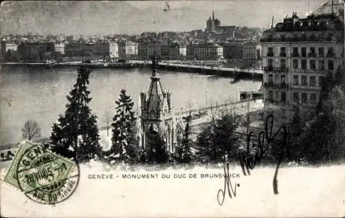 Ak Genève Genf Stadt, Monument du Duke de Brunswick, Blick auf ein Denkmal, Grand Hotel