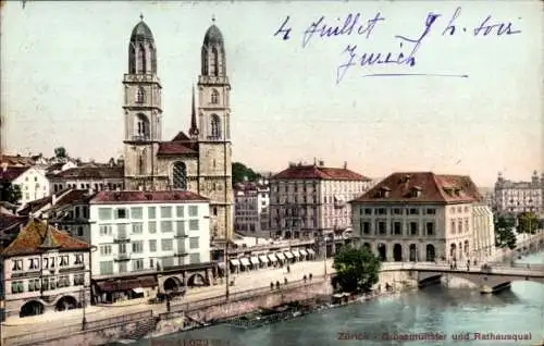 Ak Zürich Stadt Schweiz, Großmünster, Rathausquai