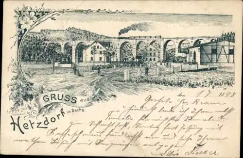 Litho Hetzdorf Flöha in Sachsen, Viadukt, Eisenbahnbrücke