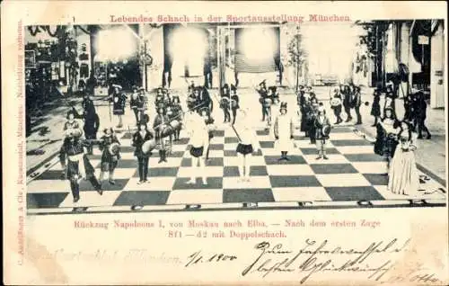 Ak München Bayern, Lebendes Schach in der Sportausstellung, Rückzug Napoleons