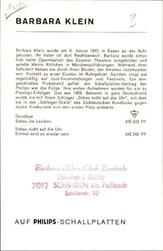 Ak Sängerin Barbara Klein, Portrait, Autogramm
