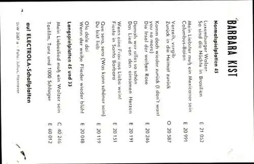 Ak Sängerin Barbara Kist, Electrola Records, Portrait, Autogramm