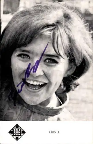 Ak Sängerin Kirsti, Portrait, Telefunken, Hör den Wind, Autogramm