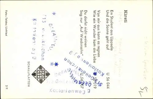 Ak Sängerin Kirsti, Portrait, Telefunken, Hör den Wind, Autogramm