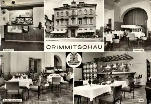 Ak Crimmitschau in Sachsen, Hotel Haus der Einheit, Großes Restaurant, Bar, Diskothek, Reception