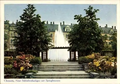 Ak Chemnitz in Sachsen, Neue Schlossteichanlagen mit Springbrunnen