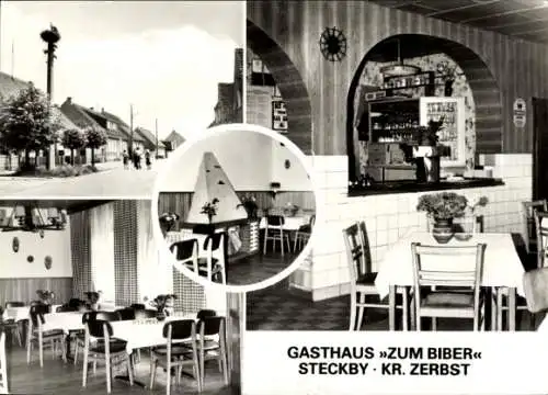 Ak Steckby Steutz Zerbst in Anhalt, Gasthaus Zum Biber, Kamin, Speisesaal, Ortsansicht