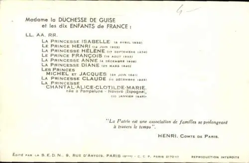 Ak Madame la Duchesse de Guise et les dix Enfants de France, Isabelle, Henri, Helene, Anne