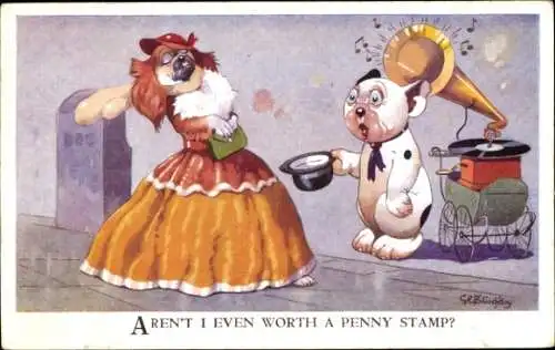 Künstler Ak Studdy, Bonzo der Hund, Grammophon, vermenschlichte Tiere