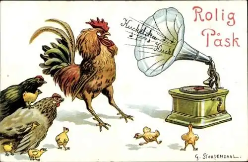 Künstler Ak Stoopendaal, Glückwunsch Ostern, Grammophon, Hahn, Hühner, Küken