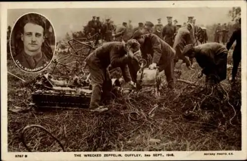 Ak Wrecked Zeppelin, Cuffley Air Crash, 3. September 1916, Lt. WL Robinson, Schütte Lanz SL-11