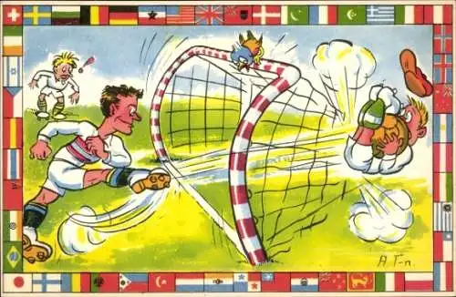 Künstler Ak Fußball, Fußballspiel, Tor, Torwart, Fahnen, Olympische Sommerspiele Helsinki 1952